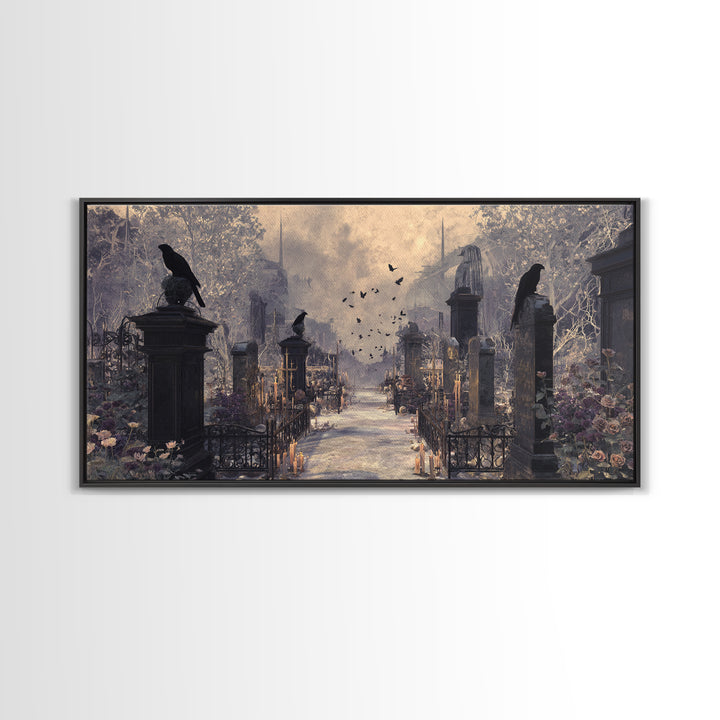 Silent Graveyard with Blue Moon Haze Canvas Print, Dark Art, Wall Art, Living Room Decor, Oil Painting, Nocturne, Original Art, DAR-2x1-62