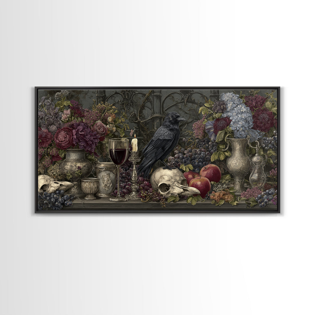 Witchy Still Life of Herbs Candles and Canvas Print, Dark Art, Watercolor Painting, Living Room Decor, Fine Art, Nocturne, DAR-2x1-76