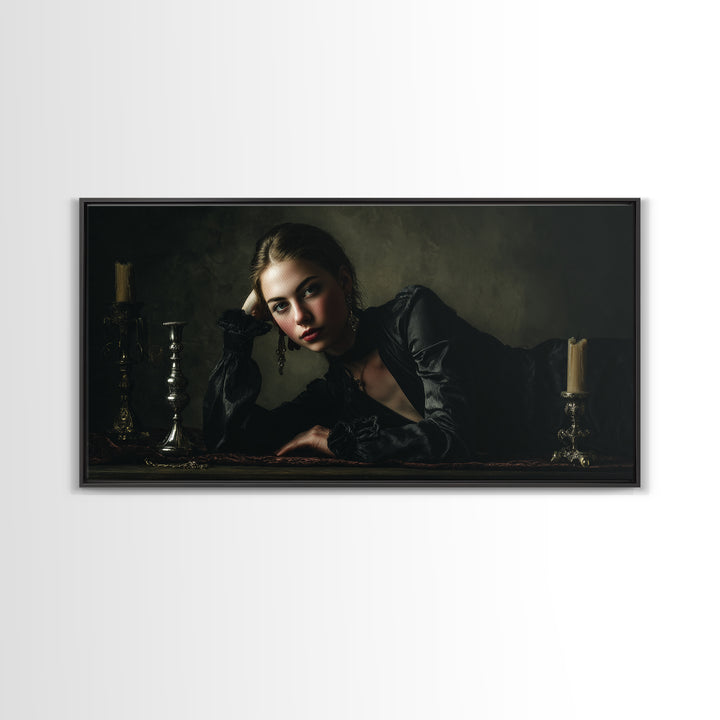 Vampire Inspired Portrait with Pale Dramatic Light Framed Canvas Print, Dark Art, Goth Decor, Living Room Decor, Nocturne, DAR-2x1-81