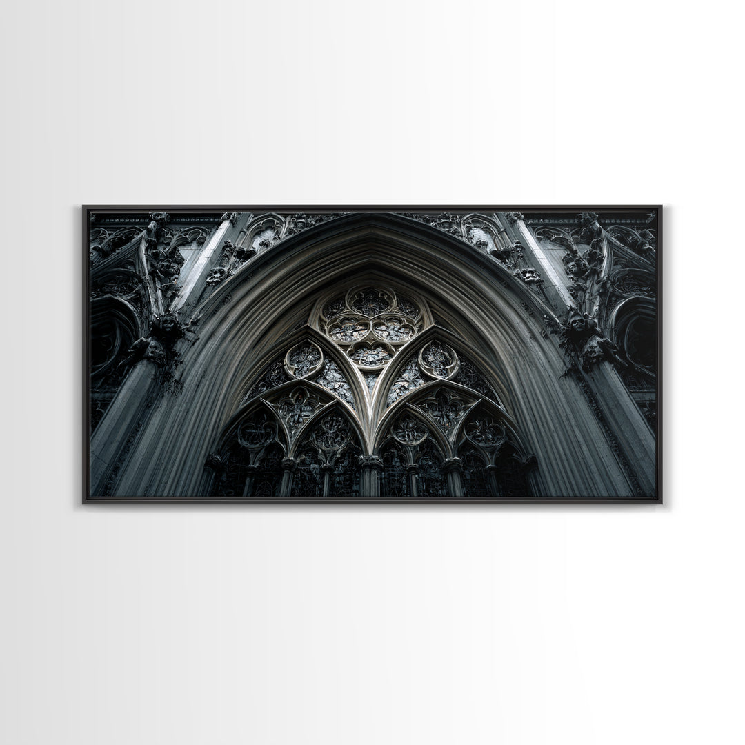 Gothic Cathedral Window Framed Canvas Print, Dark Art, Moody Wall Art, Living Room Decor, Fine Art, Nocturne, Gallery Decor, DAR-2x1-84