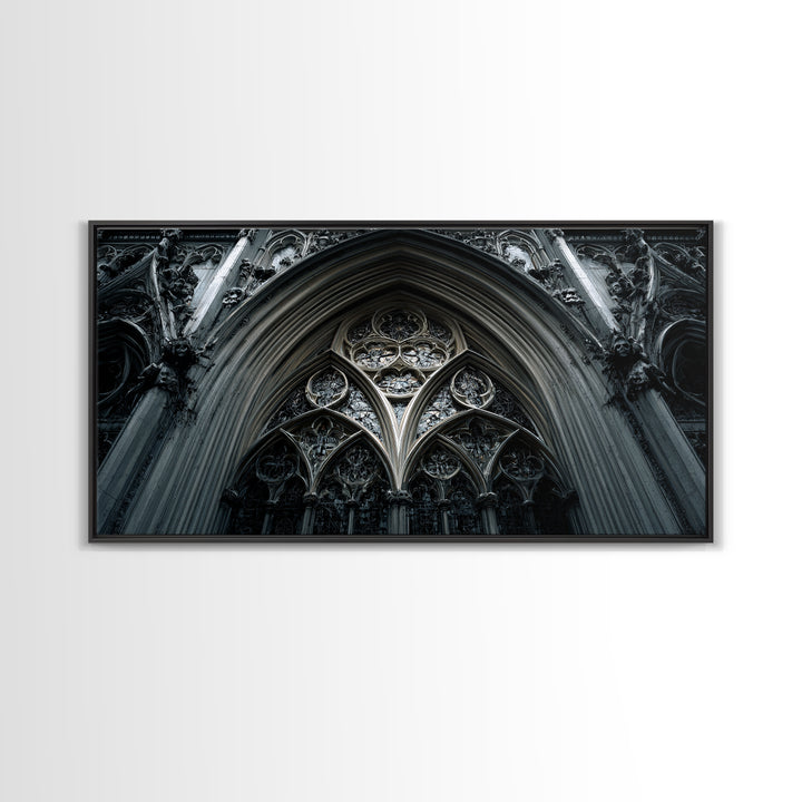 Gothic Cathedral Window Framed Canvas Print, Dark Art, Moody Wall Art, Living Room Decor, Fine Art, Nocturne, Gallery Decor, DAR-2x1-84