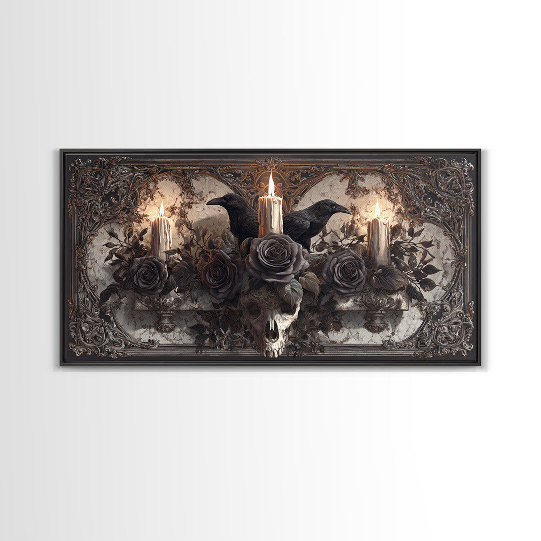 Black Roses Blooming from Cracked Stone Canvas Print, Dark Art, Digital Art, Living Room Decor, Nocturne, Unique Wall Decor, DAR-2x1-94