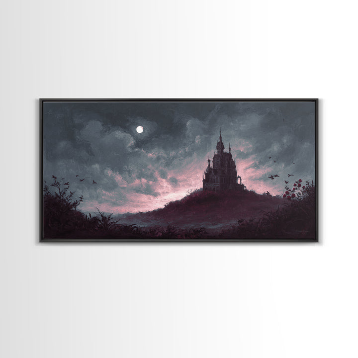 Haunted Mansion Silhouette on Distant Hill Canvas Print, Dark Art, Living Room Decor, Watercolor Art, Nocturne, DAR-2x1-98