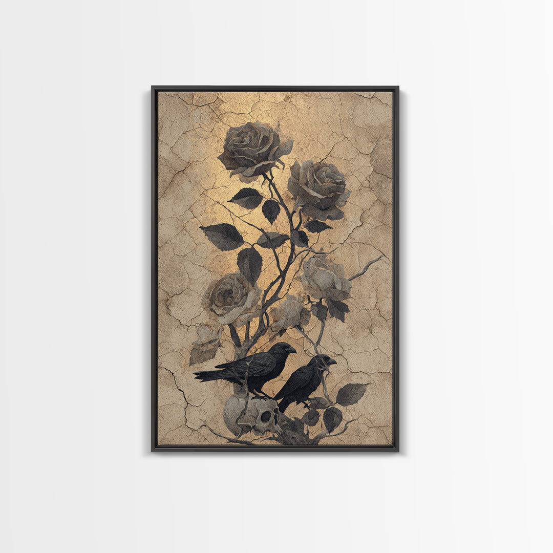 Black Roses Blooming from Cracked Stone Framed Canvas Print, Dark Art, Painting, Living Room Decor, Fine Art, Nocturne, DAR-2x3-34