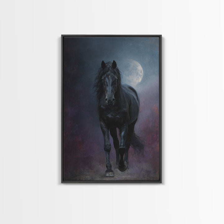 Black Horse Emerging from Smoke Framed Canvas Print, Dark Art, Living Room Decor, Oil Painting, Nocturne, Halloween Art, DAR-2x3-51