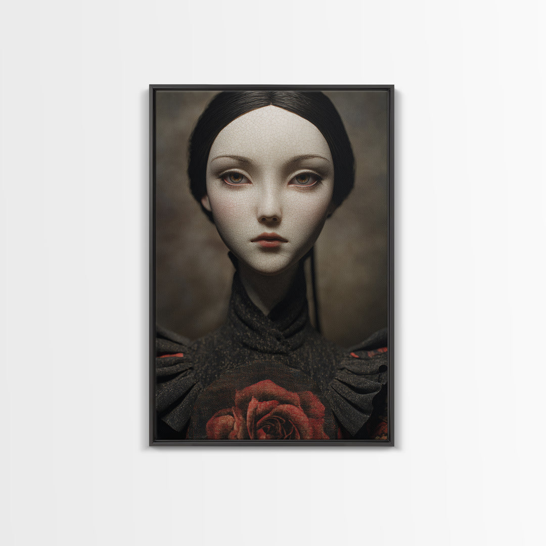 Cracked Porcelain Doll Portrait Framed Canvas Print, Dark Art, Digital Art, Living Room Decor, Nocturne, Unique Wall Decor, DAR-2x3-55