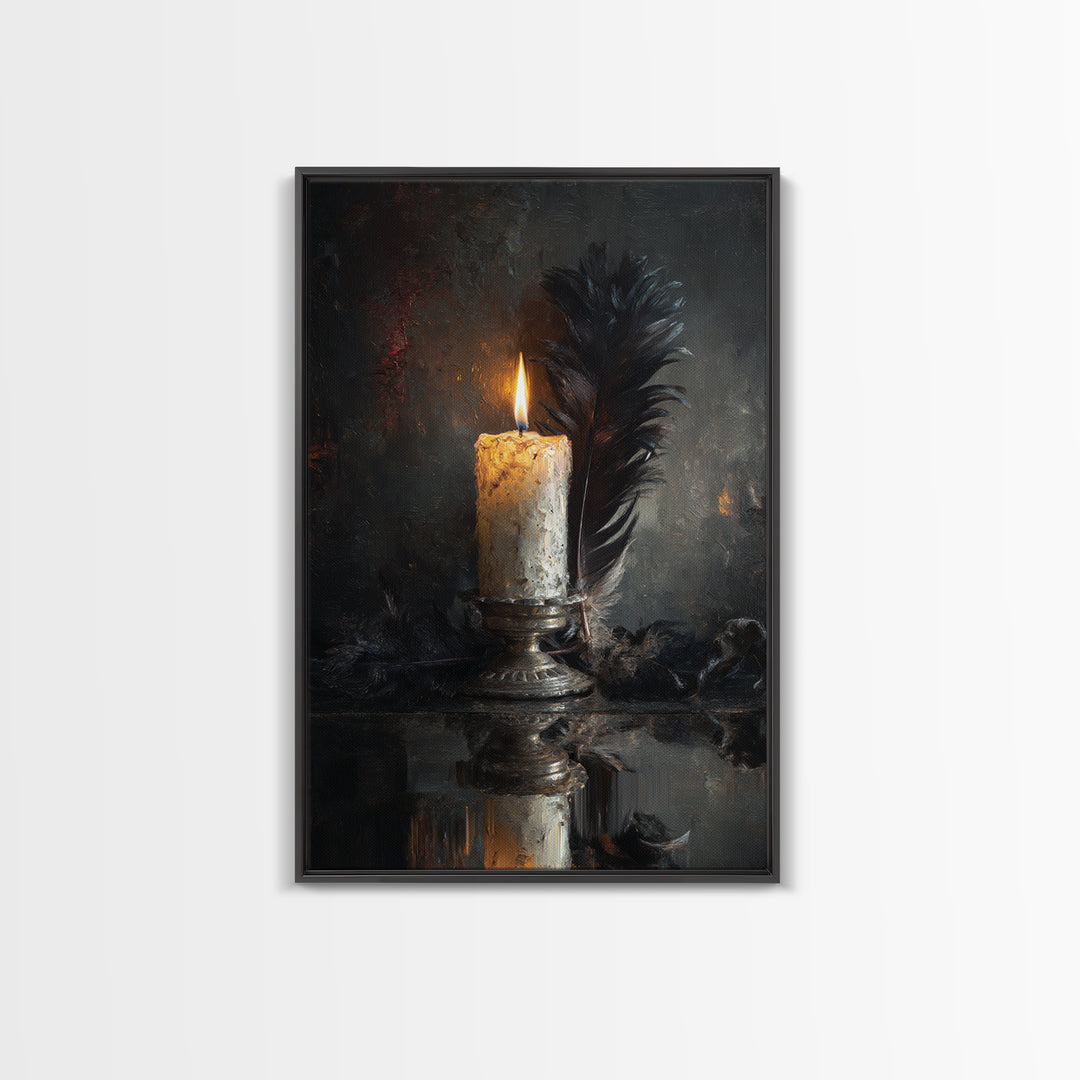 Candle Flame Reflecting Framed Canvas Print, Dark Art, Living Room Decor, Abstract Art, Nocturne, Dark Academia, DAR-2x3-56