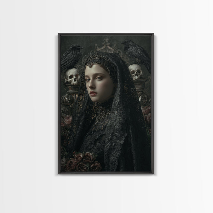 Gothic Woman Portrait Framed Canvas Print, Dark Art, Dark Academia, Living Room Decor, Oil Painting, Nocturne, Horror Decor, DAR-2x3-60