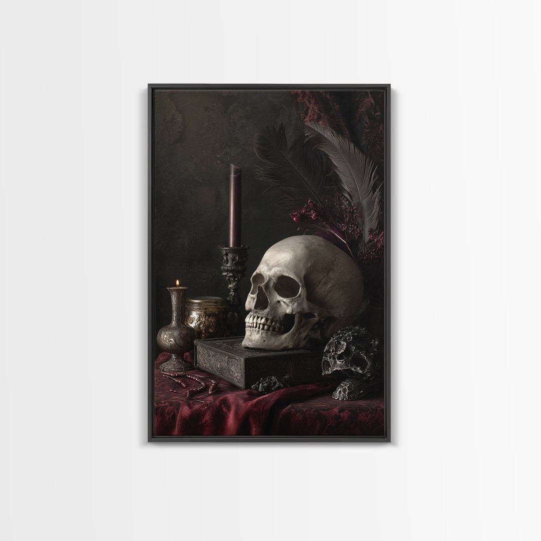 Baroque Skull and Red Velvet Vanitas Canvas Print, Dark Art, Living Room Decor, Oil Painting, Nocturne, Halloween Art, DAR-2x3-66