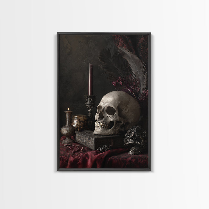 Baroque Skull and Red Velvet Vanitas Canvas Print, Dark Art, Living Room Decor, Oil Painting, Nocturne, Halloween Art, DAR-2x3-66