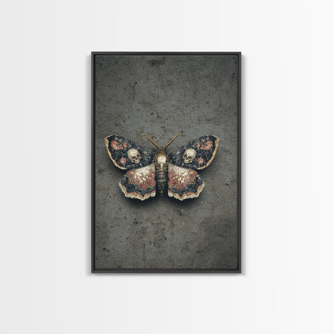 Moth with Skull Pattern on Black Ground Canvas Print, Dark Art, Gothic Wall Art, Living Room Decor, Fine Art, Nocturne, DAR-2x3-71