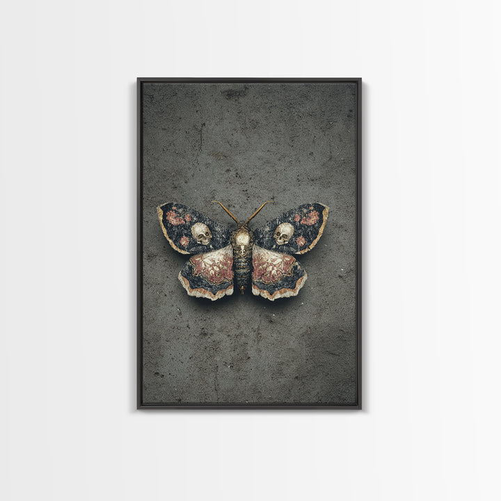 Moth with Skull Pattern on Black Ground Canvas Print, Dark Art, Gothic Wall Art, Living Room Decor, Fine Art, Nocturne, DAR-2x3-71