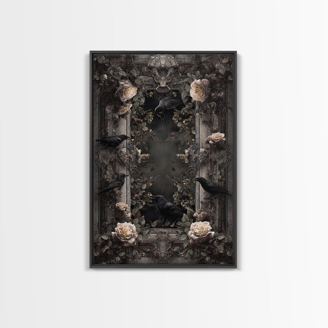 Black Roses Blooming from Cracked Stone Canvas Print, Dark Art, Oil Painting, Living Room Decor, Nocturne, Gothic Wall Decor, DAR-2x3-82