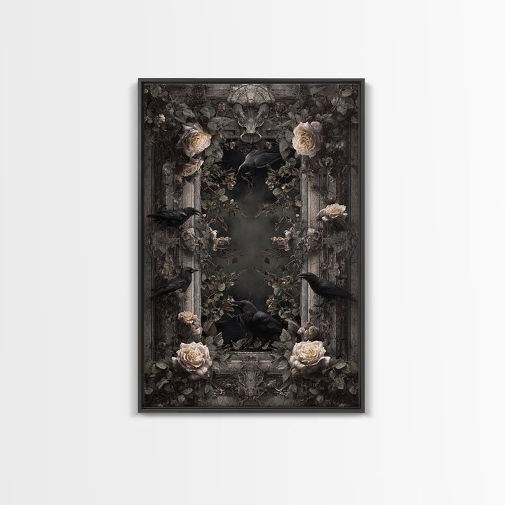 Black Roses Blooming from Cracked Stone Canvas Print, Dark Art, Oil Painting, Living Room Decor, Nocturne, Gothic Wall Decor, DAR-2x3-82