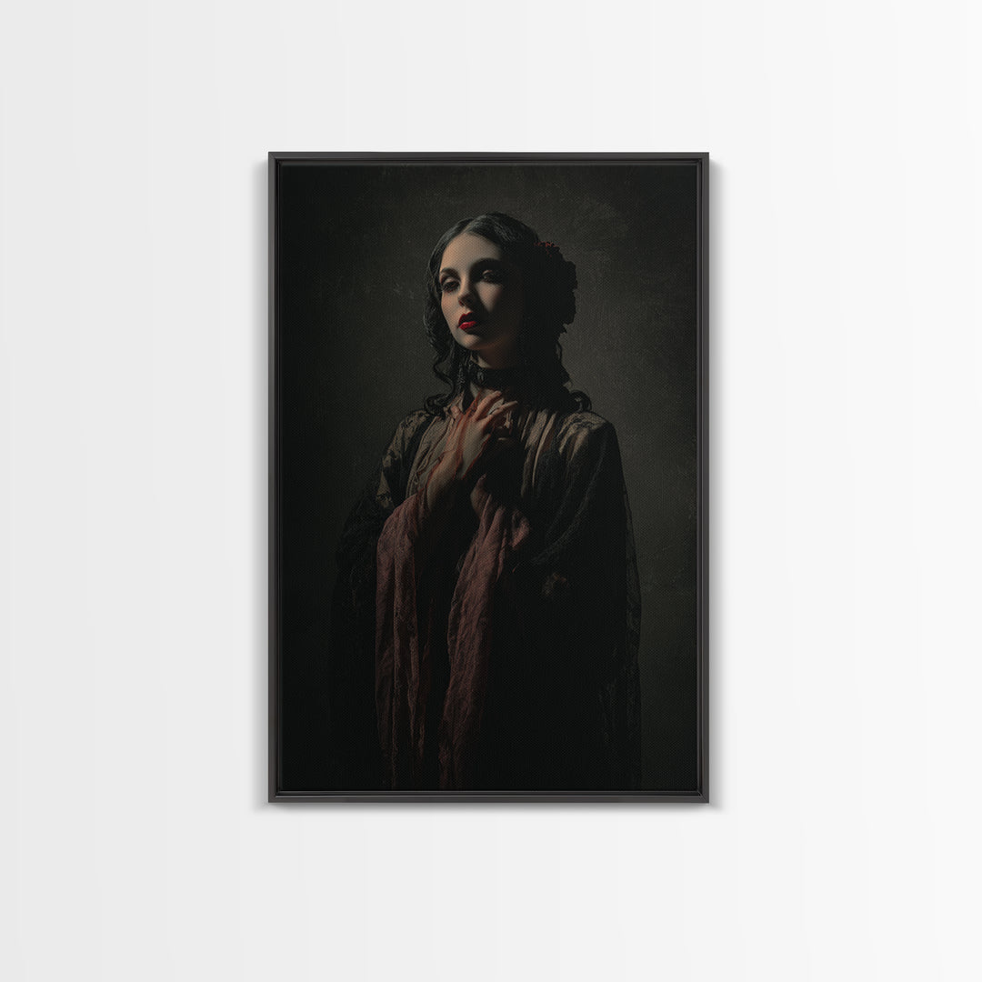 Vampire Inspired Portrait with Pale Dramatic Light Framed Canvas Print, Dark Art, Moody Wall Art, Living Room Decor, Nocturne, DAR-2x3-93