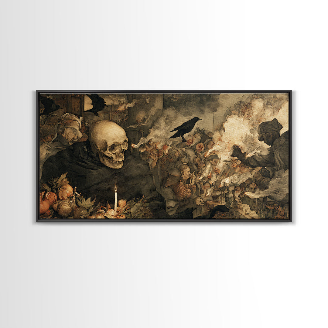 The Talking Skull, Northern Renaissance Horror, Wide Panoramic Art, Dark Halloween Decor, Framed Canvas Print, Halloween Wall Art