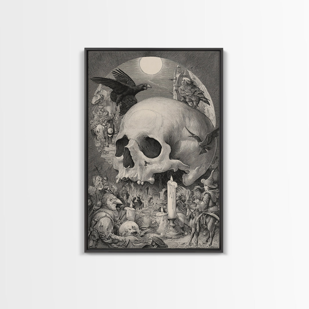 The Talking Skull, Renaissance Engraving Art, Vertical Wall Art, Dark Fantasy Wall Art, Canvas Print, Halloween Wall Art