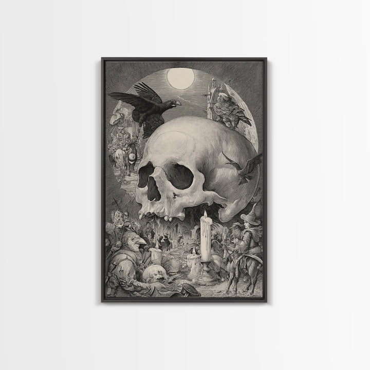 The Talking Skull, Renaissance Engraving Art, Vertical Wall Art, Dark Fantasy Wall Art, Canvas Print, Halloween Wall Art