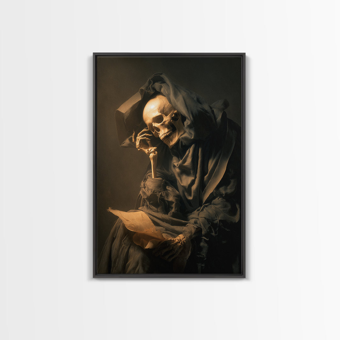 The Talking Skull, Gothic Nightmare Art, Vertical Wall Art, Dark Halloween Decor, Framed Canvas Print, Halloween Wall Art