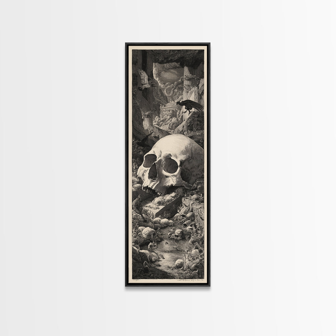 The Talking Skull, Architectural Etching Art, Tall Narrow Wall Art, Dark Fantasy Wall Art, Framed Canvas Print