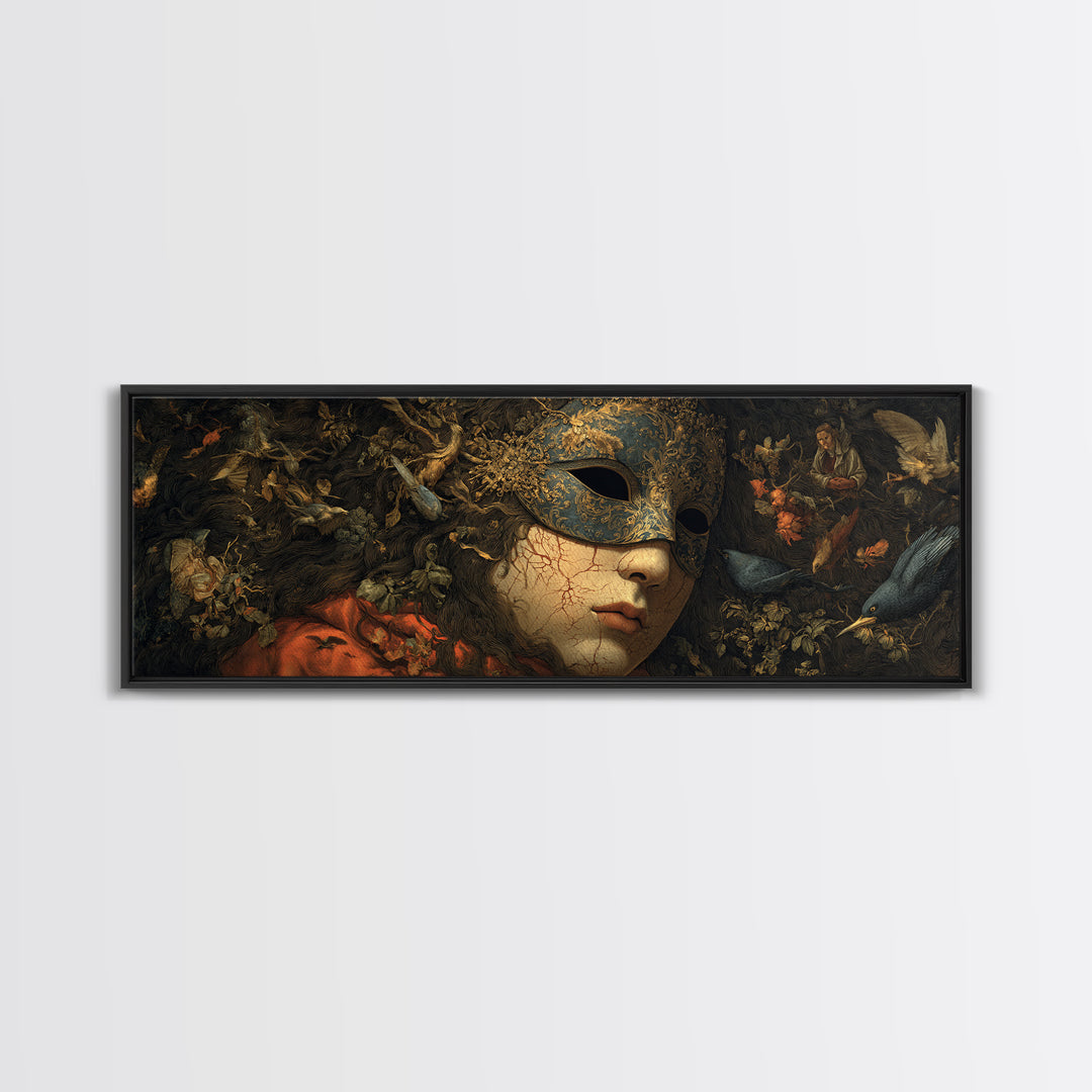 The Cracked Porcelain Mask, Medieval Grotesque Art, Extra Wide Wall Art, Dark Halloween Decor, Framed Canvas Print, Spooky Wall Decor