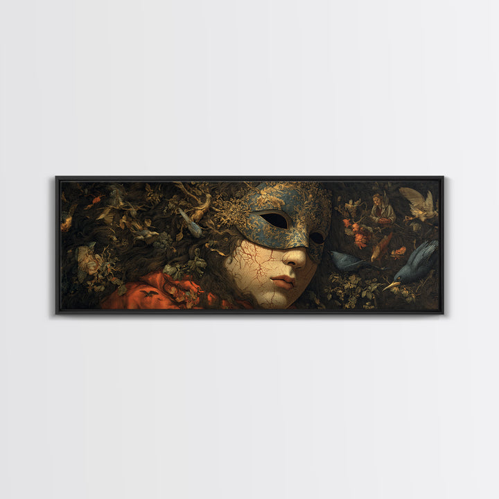 The Cracked Porcelain Mask, Medieval Grotesque Art, Extra Wide Wall Art, Dark Halloween Decor, Framed Canvas Print, Spooky Wall Decor