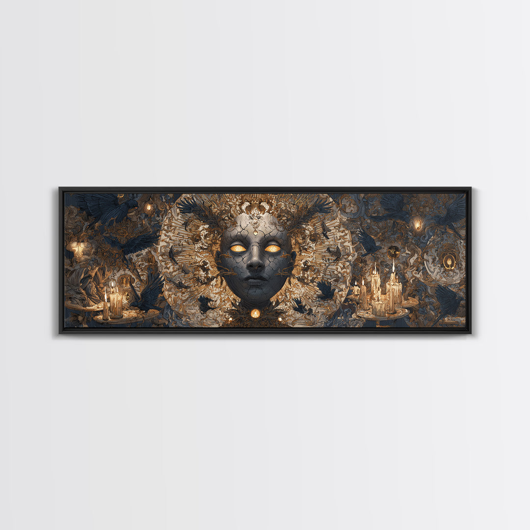 The Cracked Porcelain Mask, Visionary Gothic Art, Extra Wide Wall Art, Dark Halloween Decor, Framed Canvas Print, Halloween Wall Art