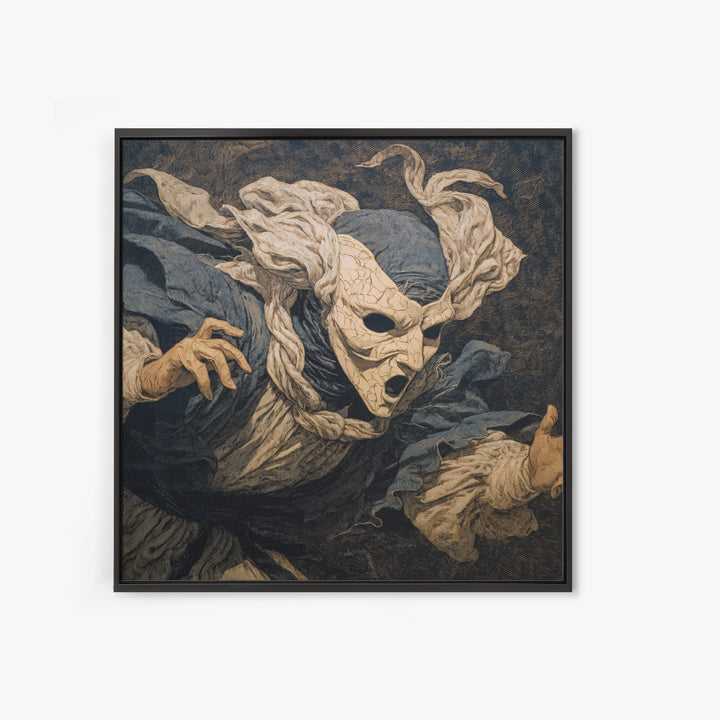 The Cracked Porcelain Mask, Symbolist Etching Art, Square Wall Art, Gothic Horror Wall Art, Framed Canvas Print, Halloween Wall Art