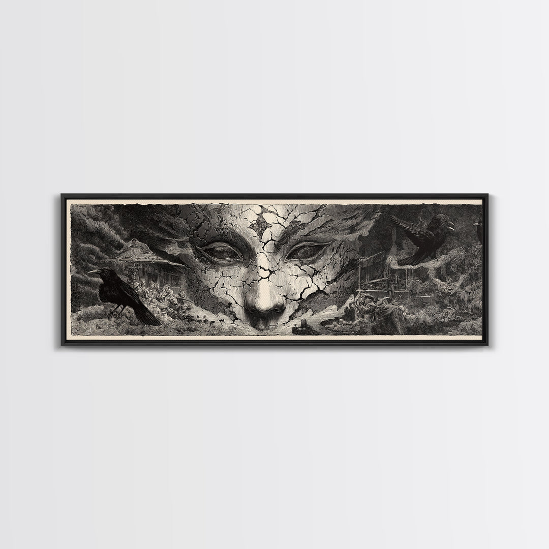 The Cracked Porcelain Mask, Expressionist Nightmare Art, Extra Wide Wall Art, Gothic Horror Wall Art, Framed Canvas Print