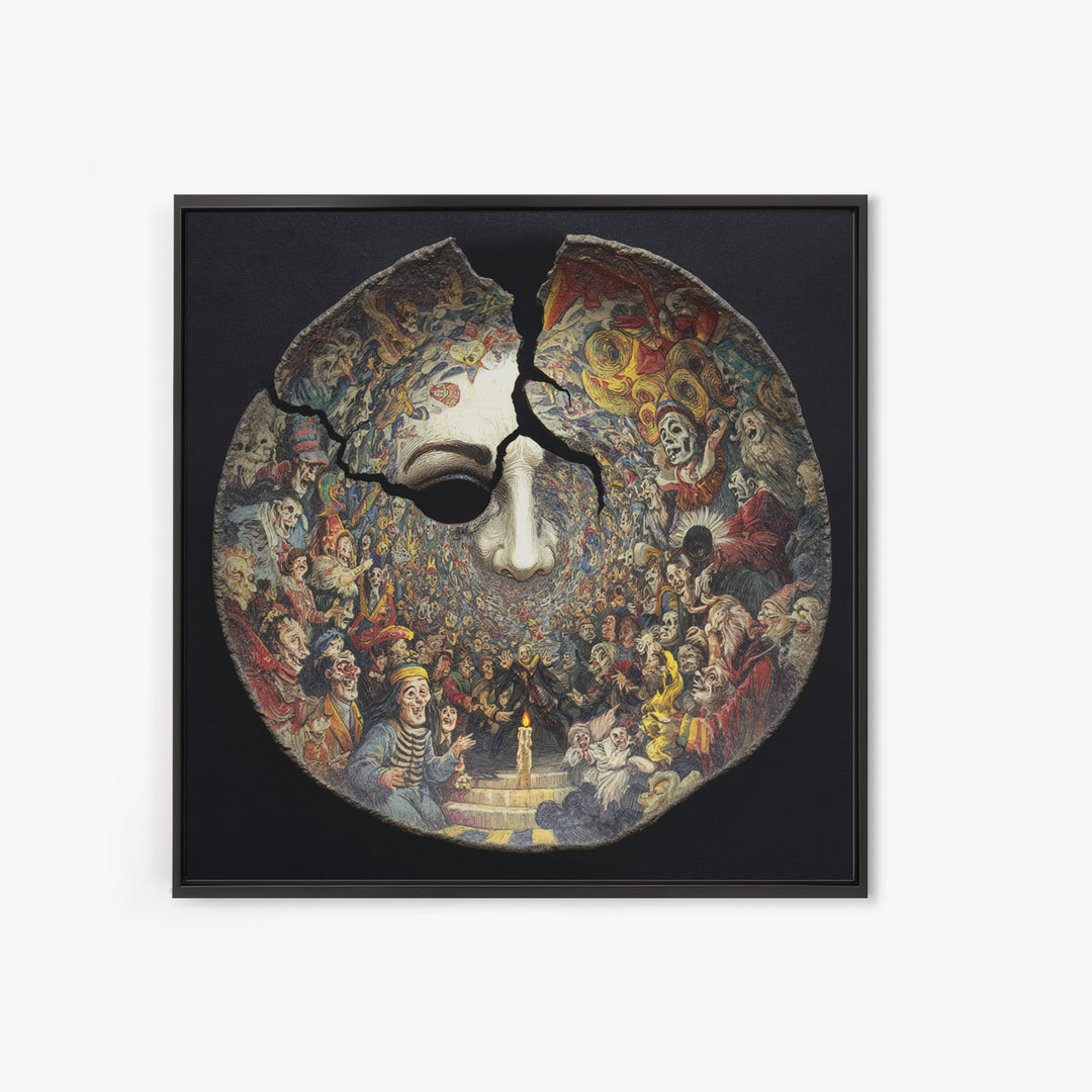 The Cracked Porcelain Mask, Grotesque Carnival Art, Square Wall Art, Dark Fantasy Wall Art, Canvas Print, Halloween Wall Art