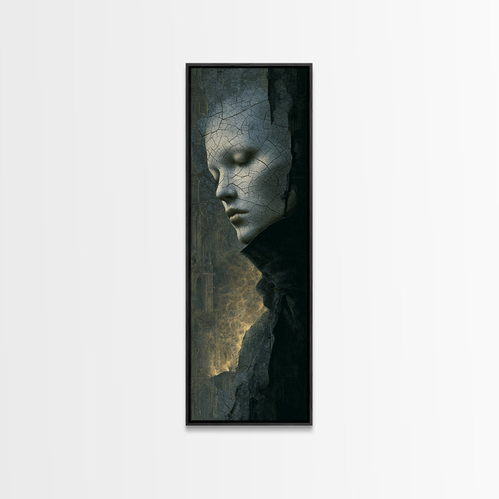 The Cracked Porcelain Mask, Surreal Apocalyptic Art, Tall Narrow Wall Art, Macabre Wall Art, Framed Canvas Print, Halloween Wall Art