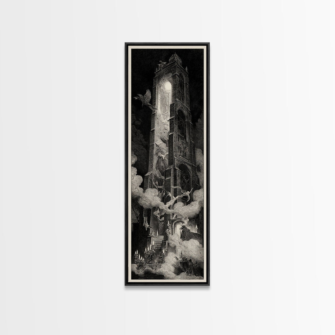 The Haunted Music Box, Gothic Engraving Art, Tall Narrow Wall Art, Macabre Wall Art, Canvas Print, Halloween Wall Art
