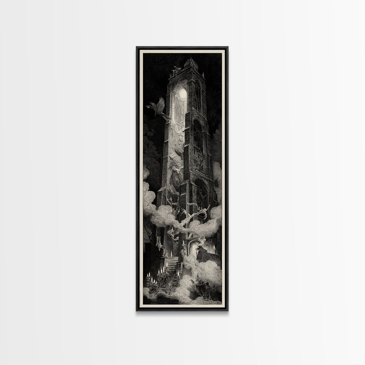 The Haunted Music Box, Gothic Engraving Art, Tall Narrow Wall Art, Macabre Wall Art, Canvas Print, Halloween Wall Art