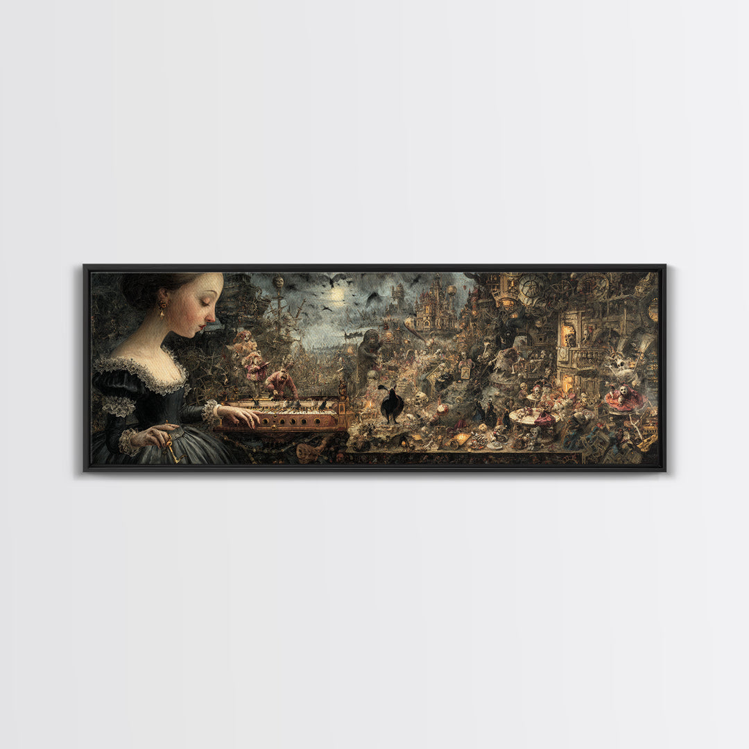 The Haunted Music Box, Medieval Grotesque Art, Extra Wide Wall Art, Gothic Horror Wall Art, Framed Canvas Print, Halloween Wall Art
