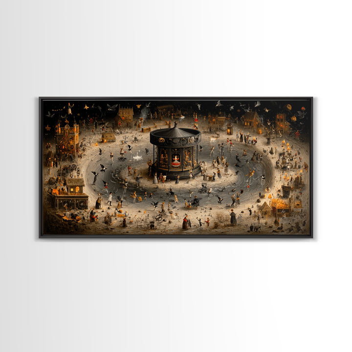 The Haunted Music Box, Northern Renaissance Horror, Wide Panoramic Art, Macabre Wall Art, Framed Canvas Print, Halloween Wall Art