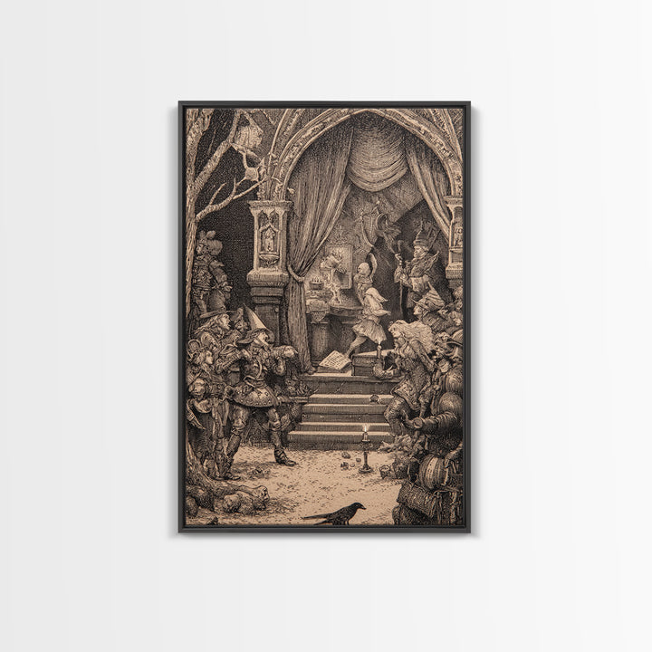 The Haunted Music Box, Renaissance Engraving Art, Vertical Wall Art, Macabre Wall Art, Framed Canvas Print, Halloween Wall Art