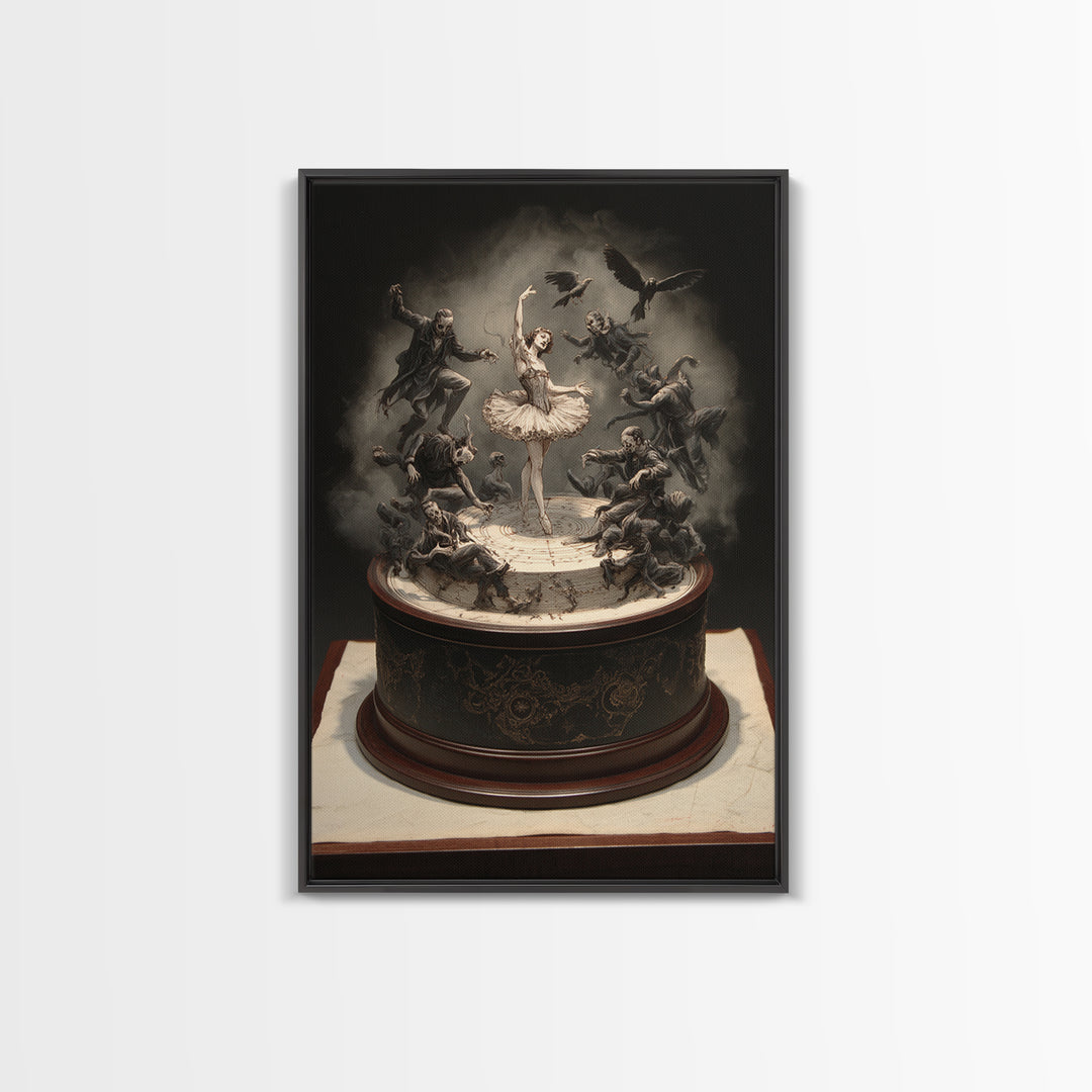 The Haunted Music Box, Gothic Nightmare Art, Vertical Wall Art, Dark Halloween Decor, Framed Canvas Print, Halloween Wall Art