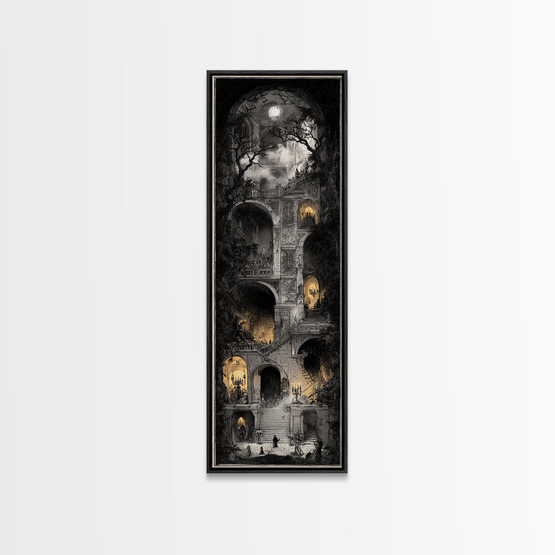 The Haunted Music Box, Architectural Etching Art, Tall Narrow Wall Art, Dark Halloween Decor, Canvas Print, Halloween Wall Art