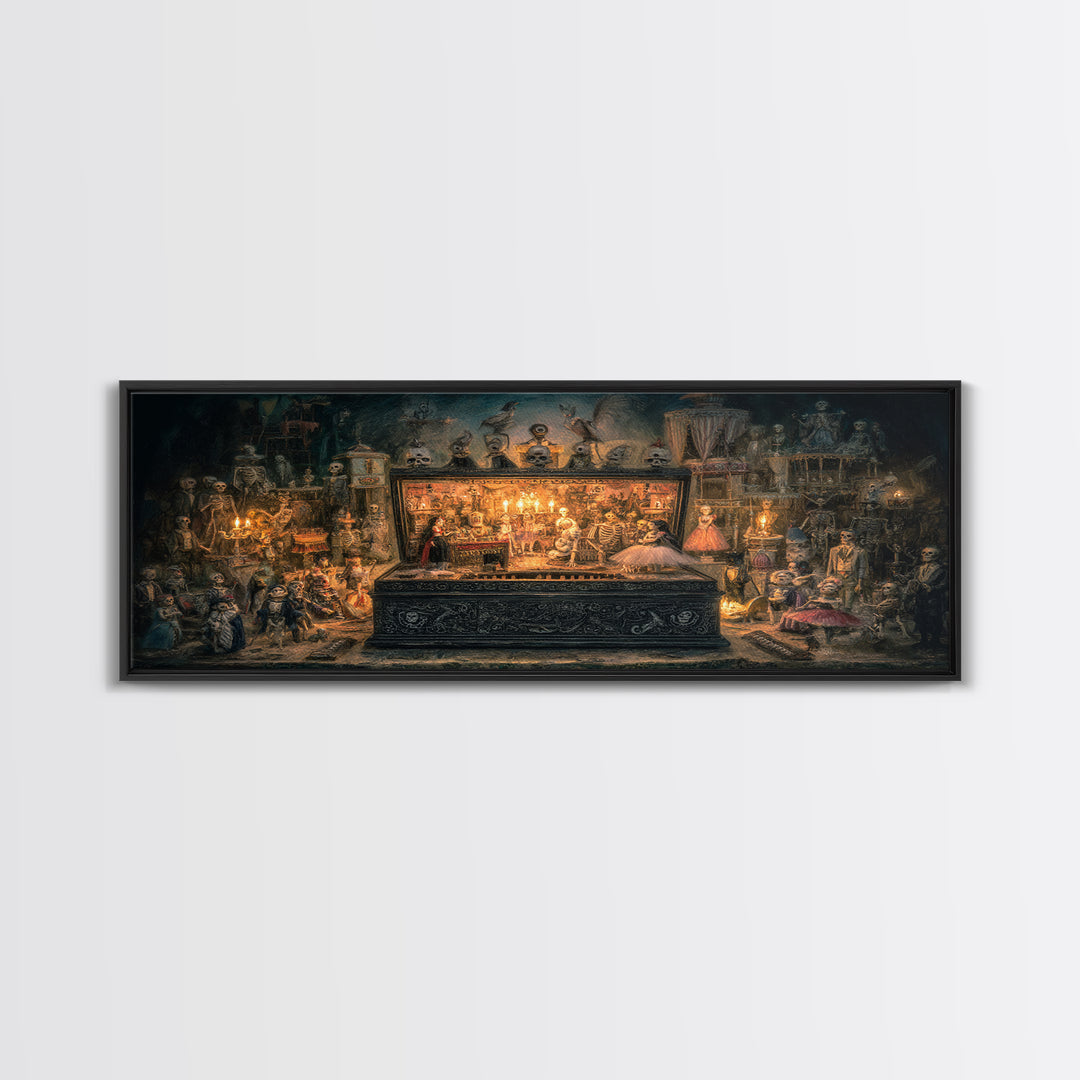 The Haunted Music Box, Grotesque Carnival Art, Wide Panoramic Art, Dark Fantasy Wall Art, Framed Canvas Print, Halloween Wall Art