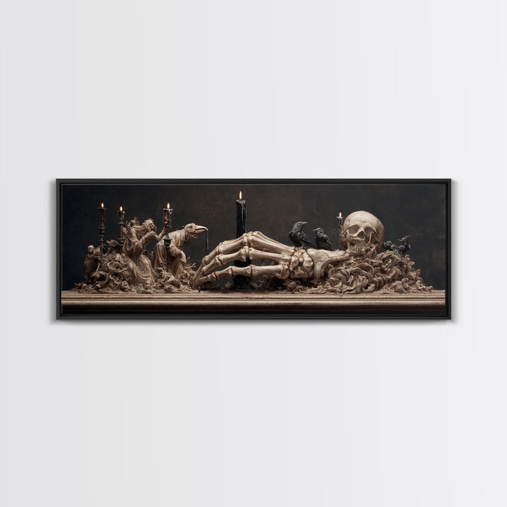 The Skeletal Hand Candleholder, Medieval Grotesque Art, Extra Wide Wall Art, Gothic Horror Wall Art, Canvas Print, Halloween Wall Art