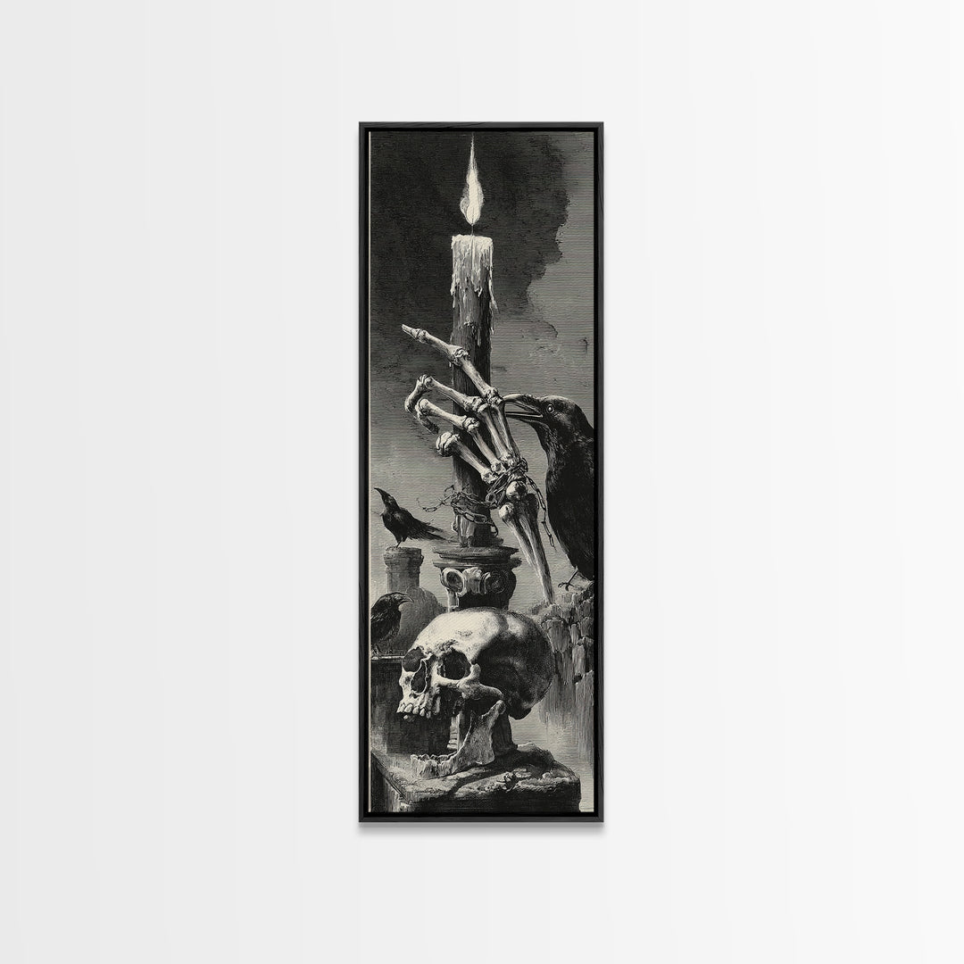 The Skeletal Hand Candleholder, Architectural Etching Art, Tall Narrow Wall Art, Dark Fantasy Wall Art, Canvas Print