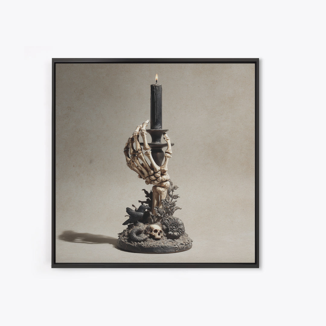 The Skeletal Hand Candleholder, Symbolist Dream Art, Square Wall Art, Dark Fantasy Wall Art, Framed Canvas Print, Halloween Wall Art