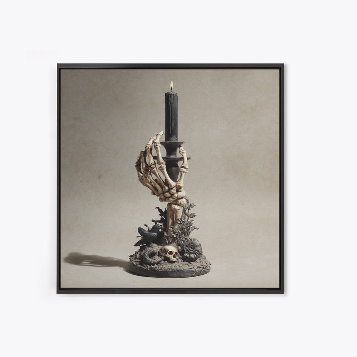 The Skeletal Hand Candleholder, Symbolist Dream Art, Square Wall Art, Dark Fantasy Wall Art, Framed Canvas Print, Halloween Wall Art