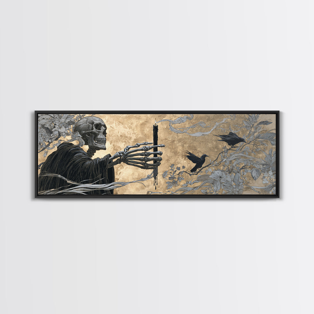 The Skeletal Hand Candleholder, Symbolist Death Art, Extra Wide Wall Art, Gothic Horror Wall Art, Canvas Print, Halloween Wall Art