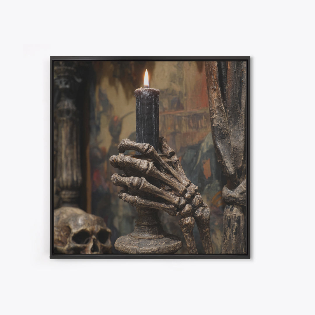 The Skeletal Hand Candleholder, Grotesque Carnival Art, Square Wall Art, Dark Halloween Decor, Canvas Print, Halloween Wall Art