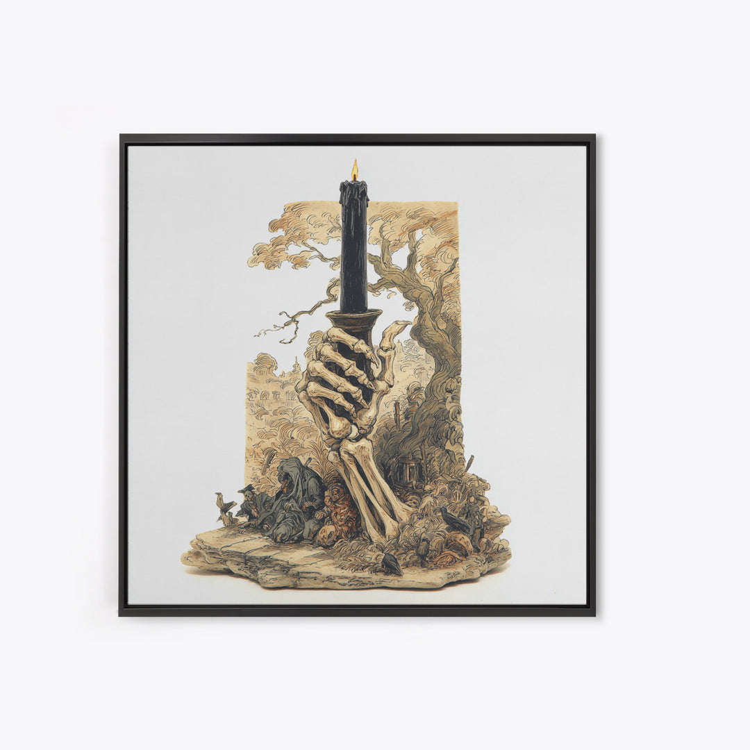 The Skeletal Hand Candleholder, Gothic Storybook Art, Square Wall Art, Macabre Wall Art, Canvas Print, Halloween Wall Art