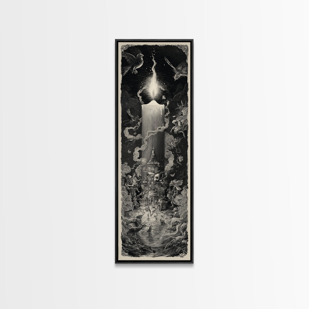 The Black Wax Candle, Gothic Engraving Art, Tall Narrow Wall Art, Dark Fantasy Wall Art, Canvas Print, Halloween Wall Art