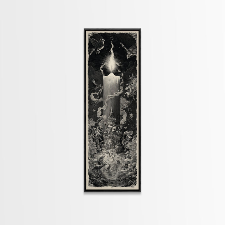 The Black Wax Candle, Gothic Engraving Art, Tall Narrow Wall Art, Dark Fantasy Wall Art, Canvas Print, Halloween Wall Art