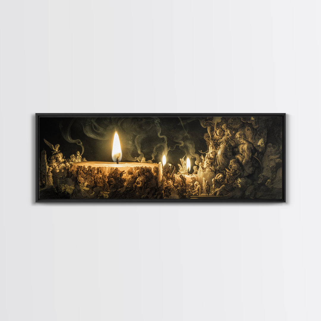 The Black Wax Candle, Medieval Grotesque Art, Extra Wide Wall Art, Dark Halloween Decor, Framed Canvas Print, Halloween Wall Art