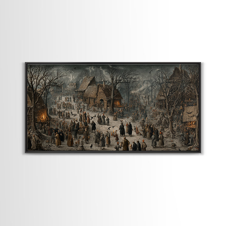 The Black Wax Candle, Northern Renaissance Horror, Wide Panoramic Art, Dark Halloween Decor, Framed Canvas Print